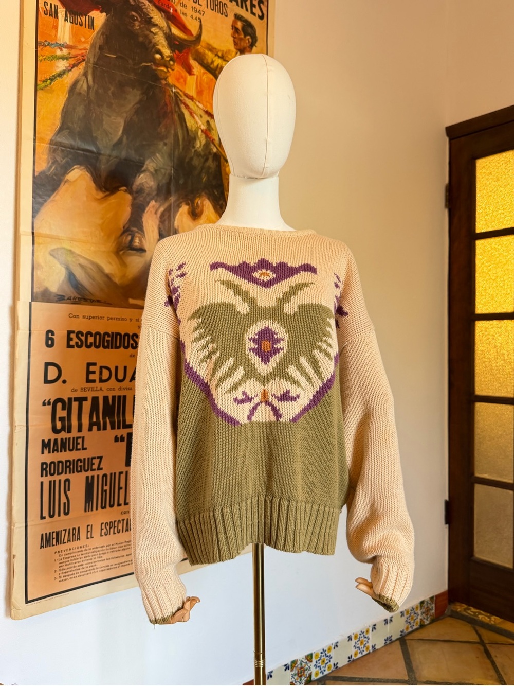 Vintage 90s Liz Sport Neutral & Olive Ramie Knit Sweater Western Accents M/L